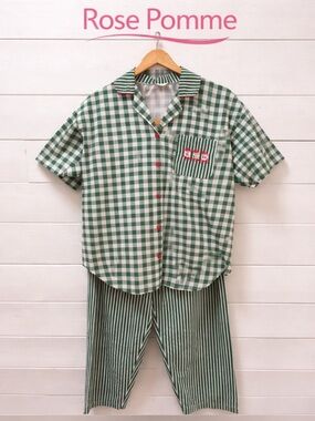 ROSE POMME Green Gingham Vintage Pajama Set Red Buttons Estimated Size L